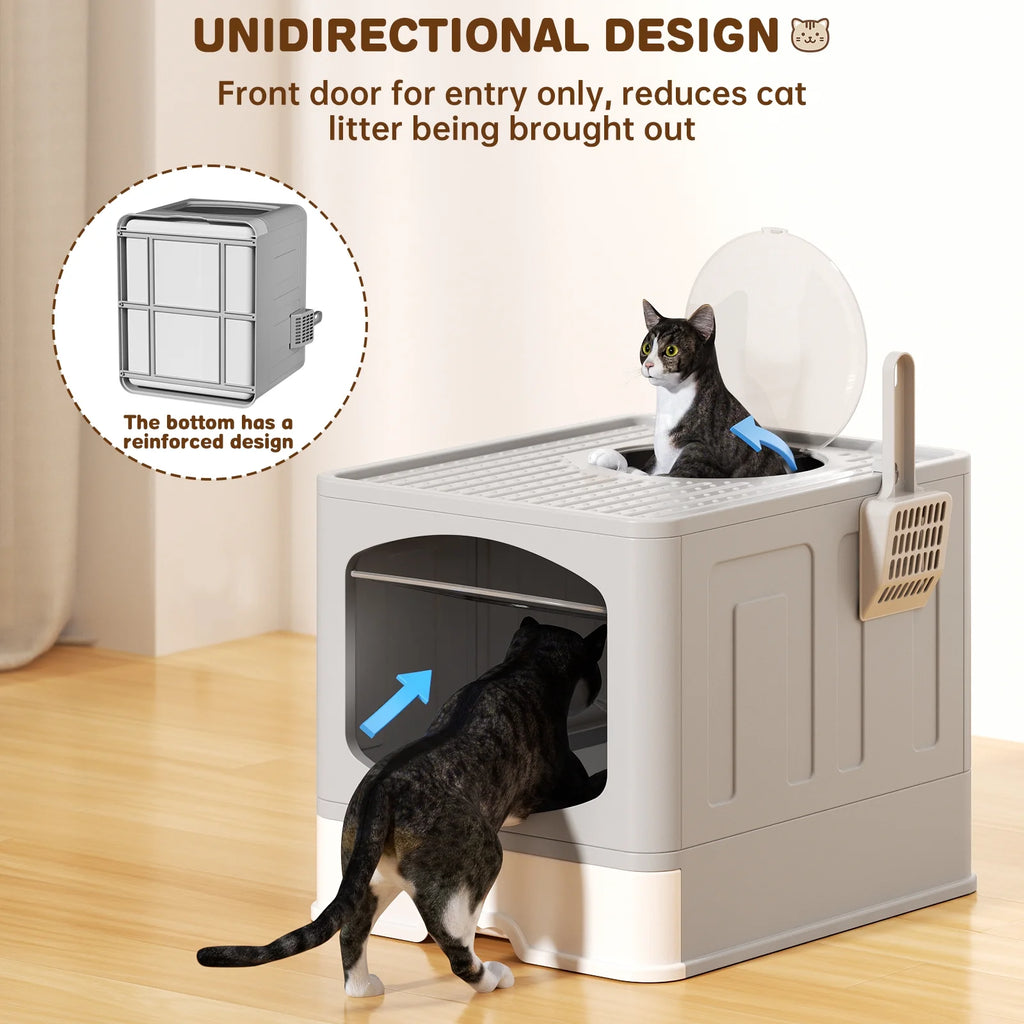 Large Foldable Cat Litter Box with Scoop, Front Entry Top Exit Cat Litter Pan with Lid, Enclosed Anti-Splashing Kitty Litter Box, Drawer Type Cat Litter Easy Cleaning and Scoop, Gray